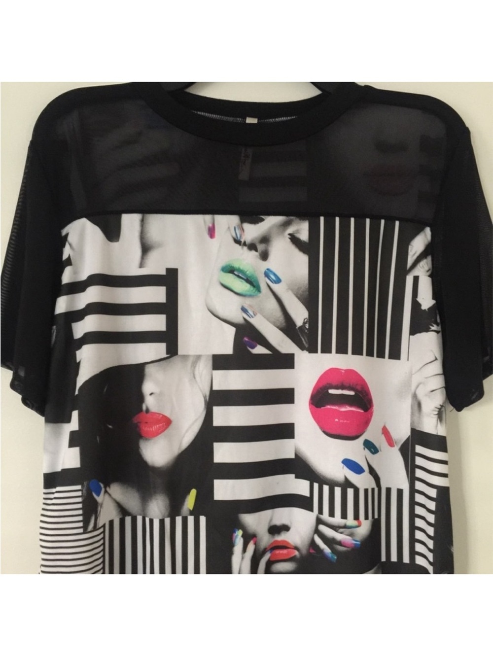 Black Graphic Mesh Yoke Top with Multicolor Lip Print